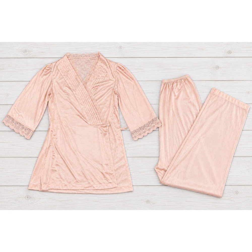 Vintage Pajama Set Lace Trim Wrap Top Wide Leg Pants Peachy Beige Shimmer Size M